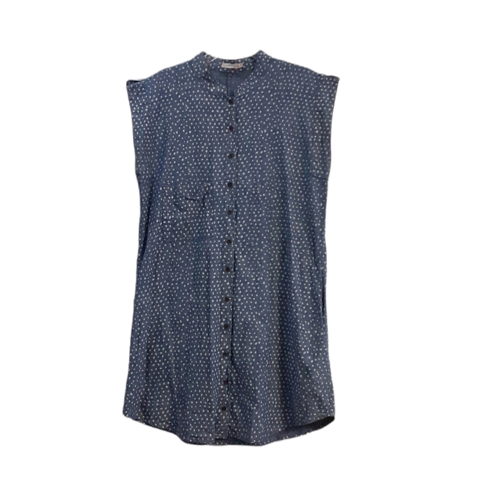 Alternative Blue Denim Boho Polka Dot Minimalist Button Down Dress Size L
